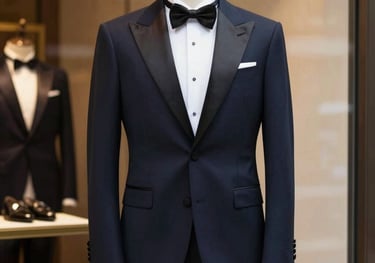 A sophisticated evening tuxedo in deep navy with black satin lapels, displayed in a high-end boutique window, International / Western style.
