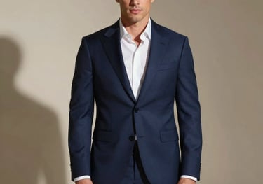A studio photograph of a man wearing a bespoke navy blue suit, standing confidently in a luxury setting, soft directional lighting, International / Western style.