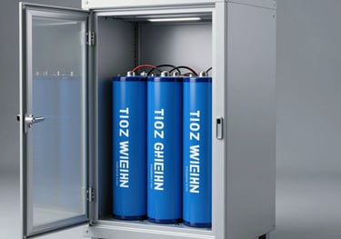 Clean, studio-lit photograph of a modern lithium-ion battery storage cabinet with blue and silver accents. The lighting is professional and the style is futuristic yet trustworthy.