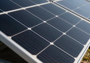 A close-up photograph of high-efficiency Mono PERC solar panels, showcasing the sleek black cells and modern silver frames under bright sunlight. The lighting is crisp and the composition is professional.