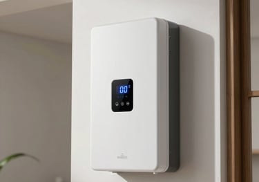 Photography of a sleek, white modern hybrid solar inverter mounted on a clean white wall inside a modern South Asian house. Soft natural lighting emphasizes the clean lines and digital display.