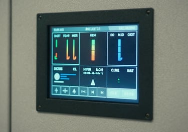 Close-up of a digital control panel for a battery management system showing clear blue graphics of energy levels and system health.