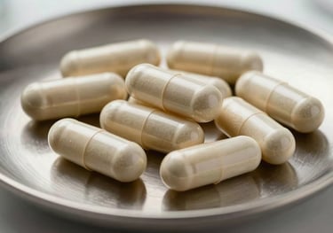 Elegant close-up of high-quality supplement capsules showing pure ingredients, resting on a polished steel plate, lighting consistent with a luxury Spanish / European clinical environment.