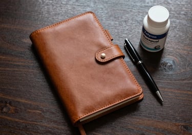 Top-down view of a sophisticated leather journal, a premium pen, and a Zelyron supplement bottle on a dark wood desk, Spanish / European style.