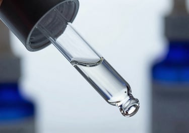 Professional macro photography of a glass dropper with a clear, crystalline liquid, reflecting a modern, premium laboratory aesthetic with deep navy blue accents.