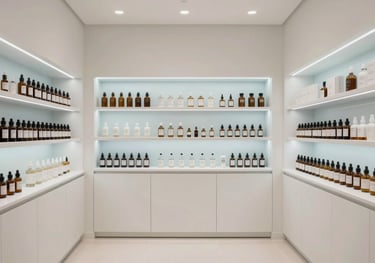 A minimalist and sophisticated interior of a high-end Spanish apothecary or clinic, with clean lines, soft white surfaces, and subtle blue lighting.
