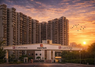 Supertech Cape Town luxury apartments in Noida at sunset with birds flying over the entrance gate.
