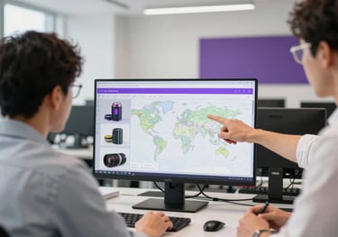 A professional scene of a creative team in a modern office, planning a digital export strategy. A person is reviewing product shots on a screen while others point to a map. Clean, white and purple accents. Global / International.