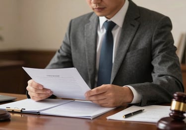 A professional North American / US attorney in a charcoal suit reviewing legal documents at a desk. The scene is lit with warm, sophisticated light, highlighting a clean and organized workspace.