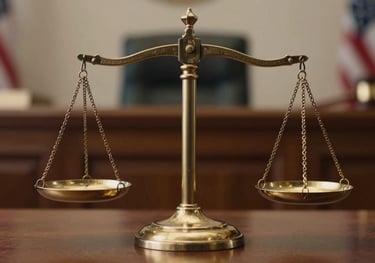 A detailed close-up of the scales of justice in polished gold, sitting on a dark wooden surface in a North American / US courtroom setting. Soft, dramatic lighting emphasizing symmetry and balance.