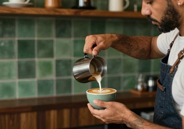 A beautiful shot of a specialty coffee bar in Brazil. The barista is pouring latte art into a ceramic cup. The decor features Matte Forest Green tiles and dark wooden accents.