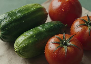 Close-up of fresh, dark green vegetables and deep red tomatoes on a Parchment Green background, styled for a professional food photography shoot.