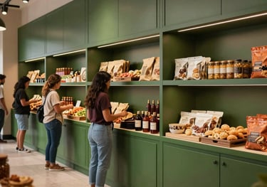 A vibrant photo of a modern South American food market with clean lines. Shoppers are browsing artisanal products displayed beautifully on Matte Forest Green shelves under warm, elegant lighting.