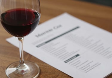 Close-up of a sophisticated wine glass filled with red wine, placed next to a modern marketing plan on a wooden desk. Soft, warm South American evening light fills the frame.