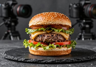A rustic but modern burger presentation on a dark slate plate, featuring colorful local ingredients. The background shows a professional camera on a tripod.