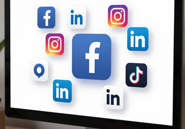 Screens displaying social media platforms and engagement analytics.