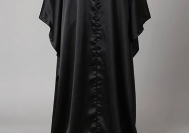 A detailed product photo of a deep black Armani silk abaya, showcasing the luxurious sheen and fluid movement of the fabric as it hangs from a minimalist wooden stand. Soft lighting in a Middle Eastern / Gulf setting.