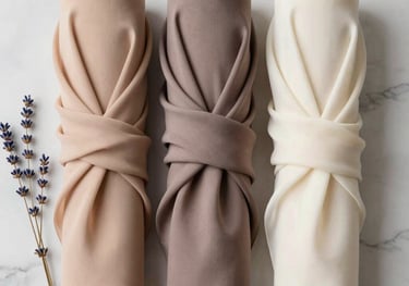 A flat lay image of three rolled chiffon hijabs in shades of beige, taupe, and cream arranged on a light marble surface with a sprig of dried lavender. Soft, airy, and professional photography. Middle Eastern / Gulf aesthetic.