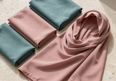A flat lay photography showing a collection of modal hijabs in earthy English colors like dusty rose and muted teal. The fabrics are neatly folded on a light stone surface with natural morning light. Middle Eastern / Gulf aesthetic.