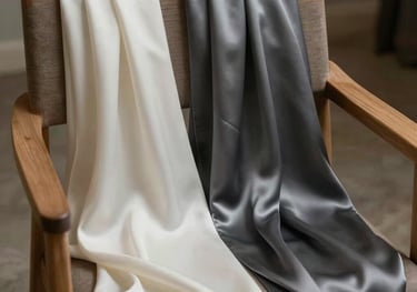 Two silk satin hijabs draped elegantly over a modern wooden chair in colors charcoal and off-white. The lighting is soft and cinematic, highlighting the reflective surface of the silk. Middle Eastern / Gulf lifestyle setting.