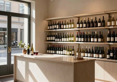 A wide shot of the boutique wine shop interior. A clean, sophisticated counter is in the foreground, and sunlight streams through a storefront window onto pale sand-colored walls and elegant shelving.