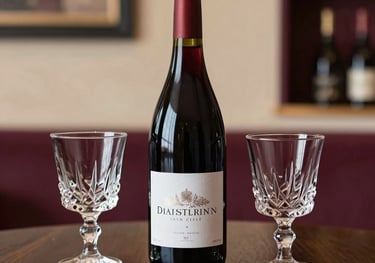 A sophisticated shot of an open bottle of red wine and two crystal glasses on a dark wood table. A blurred boutique shop interior is visible in the background, featuring warm sand and plum colored accents.