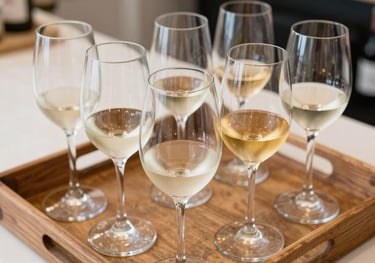 A high-angle shot of a flight of white wine glasses on a rustic wooden tray. Each glass shows a different shade of pale sand and gold. Photographed in a bright, boutique shop environment.