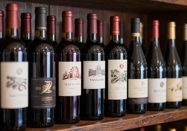 Rows of artisanal red wine bottles stored horizontally in custom dark wood shelving. The focus is on the diverse and elegant label designs. Warm light highlights the deep plum colors of the bottle glass.