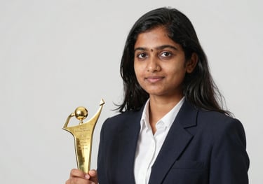 A focused photography portrait of a South Asian female student in a formal college blazer holding an academic award, set against a Soft White studio background.