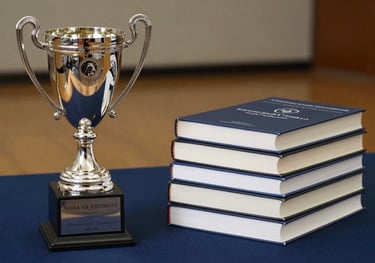 A high-quality photography shot of a silver trophy and a stack of professional books on a Navy Blue table, representing academic victory and hard work.