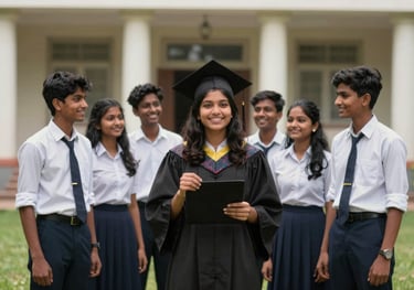A professional photography shot of a group of South Asian students in uniforms celebrating their graduation on a campus with Soft White pillars and green lawns.