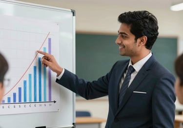 A candid photography shot of a young South Asian man in professional attire smiling while pointing at a success chart in a modern classroom setting.