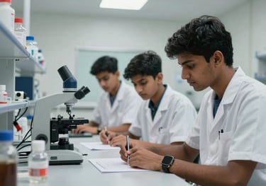 An action photography shot of South Asian students collaborating on a project in a clean, modern science laboratory with Powder Blue equipment.