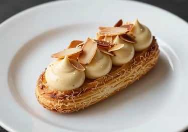 A beautiful Paris-Brest pastry with praline cream and almond slivers on a white ceramic plate, soft lighting, gourmet style.