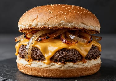 A gourmet burger with melted cheese and caramelized onions, presented on a dark slate plate, Western European style food photography, professional lighting.