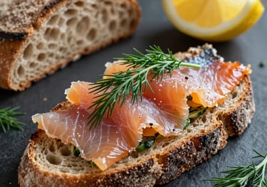 Slices of smoked trout with dill and lemon on artisanal bread, elegant rustic presentation, Western European French breakfast style.