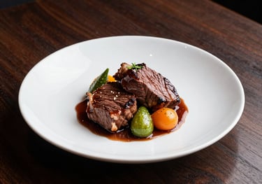 A sophisticated plate of slow-cooked beef with vegetable garnish, dark wood table, elegant restaurant setting, Western European style.