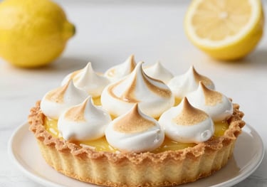 A bright and airy shot of a lemon meringue tart, professional studio lighting, Western European aesthetic, elegant composition.