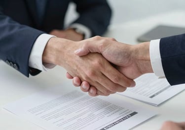 A clean, high-angle shot of a pair of professional hands shaking over a desk with financial documents, signifying a successful and trustworthy partnership.