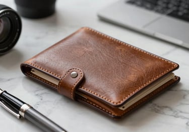 A high-quality photograph of a leather portfolio and a premium fountain pen resting on a marble surface in a sophisticated office environment.