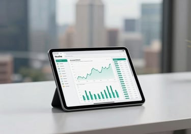 A detailed shot of a clean, minimalist workstation with a modern tablet displaying a financial interface, set against a blurred North American city background.