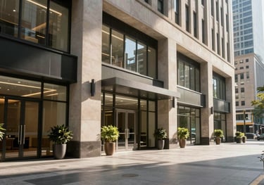 A professional wide shot of a sunlit, modern office lobby in a major North American city, conveying stability and a sophisticated corporate culture.