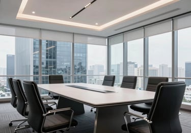 A bright and airy shot of a high-end boardroom in a modern skyscraper, featuring clean lines and a sophisticated, professional atmosphere.