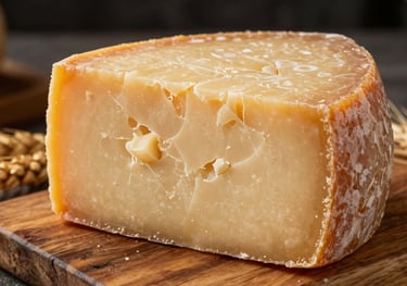 Close-up of Queso Arenoso, showing its distinct crumbly and textured surface on a rustic wooden board with some wheat stalks nearby.