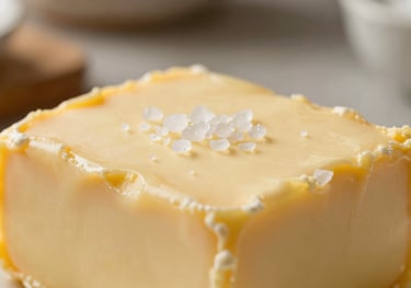 Close-up of artisanal butter, golden and rich, with sea salt crystals on top, soft focus background of a warm kitchen.