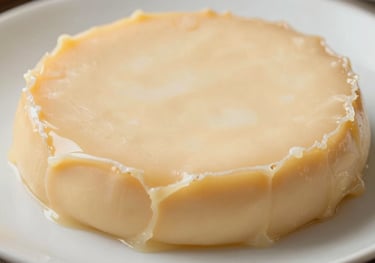 Close-up of Queso Manteco, emphasizing its creamy and smooth surface, slightly melting at the edges, presented on a soft white ceramic plate.
