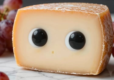 Close-up of Queso Suizo, featuring large, clean eyes and a smooth rind, presented on a marble surface with vibrant red grapes.