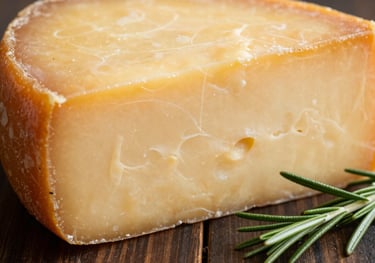 Close-up of Queso Lay, showing its firm texture and rich yellow hue, placed on a dark wooden surface with a sprig of rosemary.