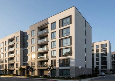 A modern North American / US multifamily apartment complex with clean lines and luxury amenities, photographed in the morning light. The sky is a Bright Sky Blue.
