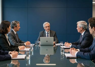 A boardroom meeting in a North American / US financial center. A glass table reflects a Deep Navy Blue wall. The lighting is crisp and modern.